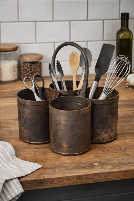 Set van 4 metalen potjes met oog - roestlook