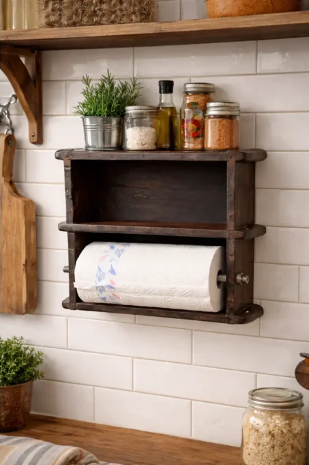 Dubbele keukenrolhouder van oude steenmallen