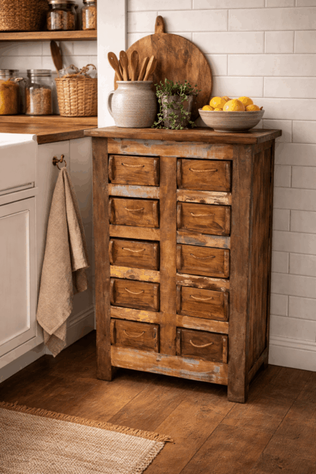 Ladenkast van oude steenmal (India)