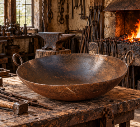 Oude Indiase ijzeren pan – authentiek en robuust